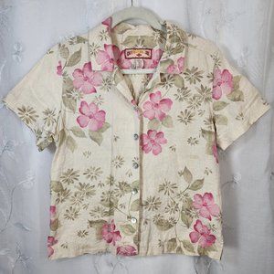 100% Linen, Vintage Caribbean Joe, Khaki & Pink Floral Hawaiian Button-up Blouse